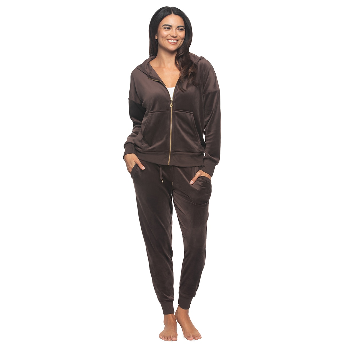 지제벨 여성 벨루어 후디 & 조거 세트 - 브라운, S