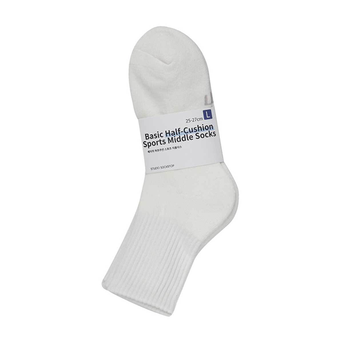 싹스탑 하프쿠션 스포츠 중목 양말 5PR - 라지 화이트